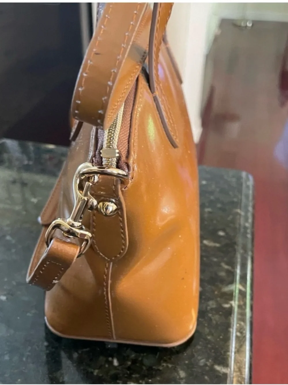 Dooney & Bourke Mini Cognac Patent Leather Crossbody Satchel 10” x 8”